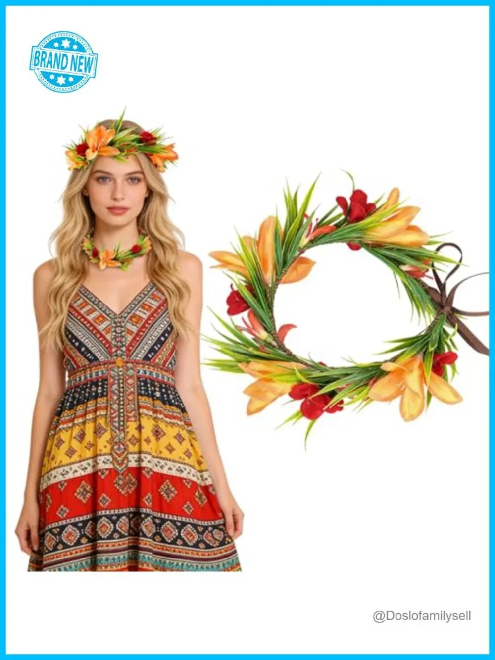 Tropical Hawaiian Flower Crown Adjustable Ribbon Lei Headband Luau Party Hair
